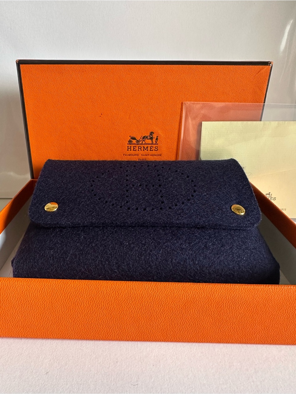 Hermès Mises et Relances H Evelyne Navy Felt Étui Cartes GM Box LIKE NEW